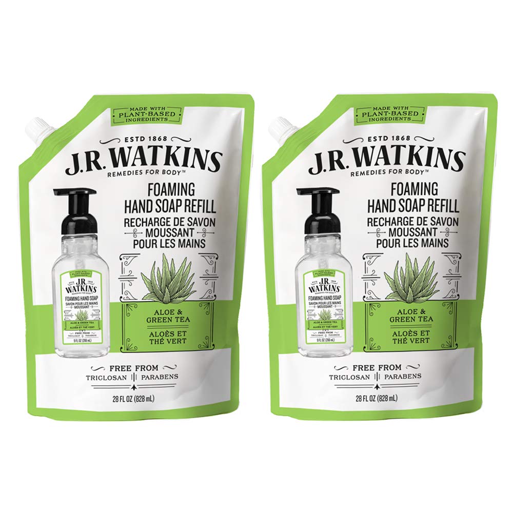 J.R. Watkins Foaming Hand Soap Refill Pouch, Scented Foam Handsoap for Bathroom or Kitchen, USA Made and Cruelty Free, 28 fl oz, Aloe & Green Tea, 2 Pack