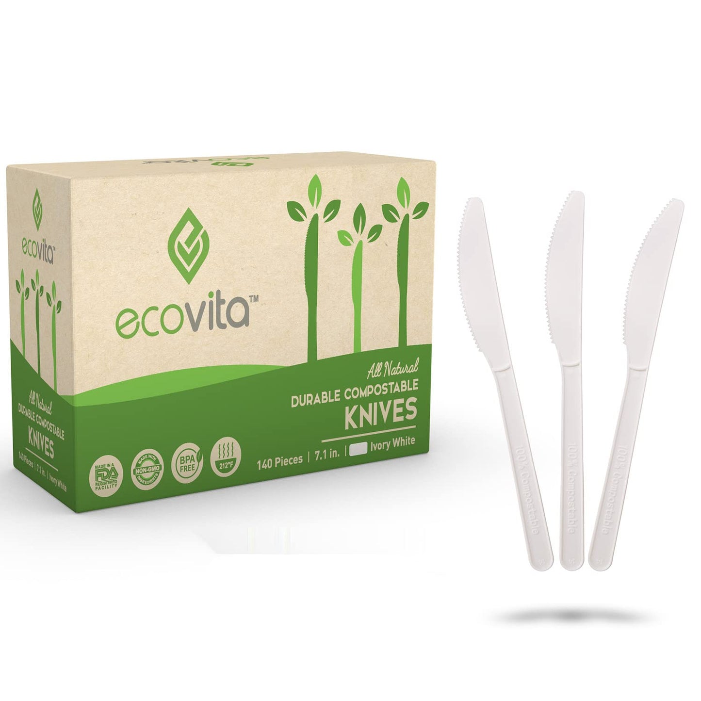 Ecovita 100% Compostable Knives - 140 Large Disposable Utensils (7 in.) Eco Friendly Durable and Heat Resistant Alternative to Plastic Knives with Convenient Tray