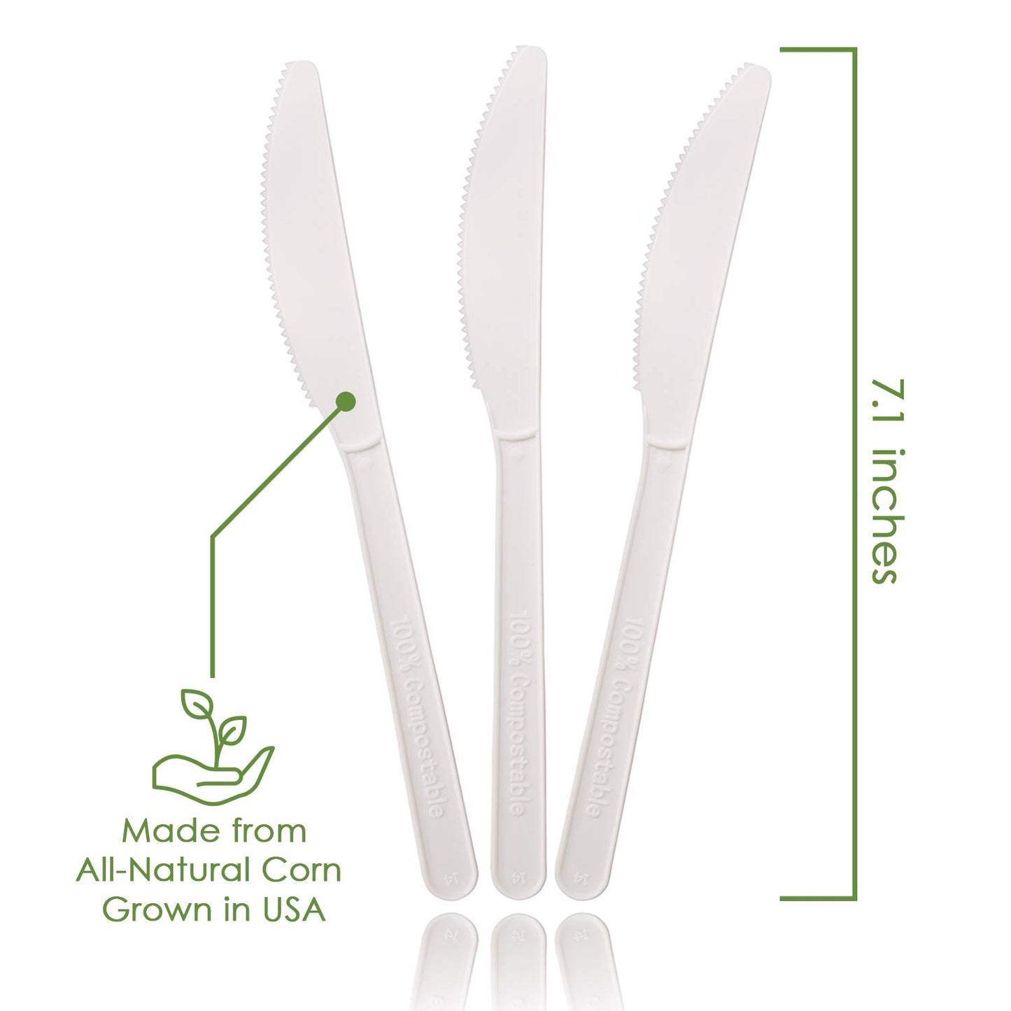 Ecovita 100% Compostable Knives - 140 Large Disposable Utensils (7 in.) Eco Friendly Durable and Heat Resistant Alternative to Plastic Knives with Convenient Tray