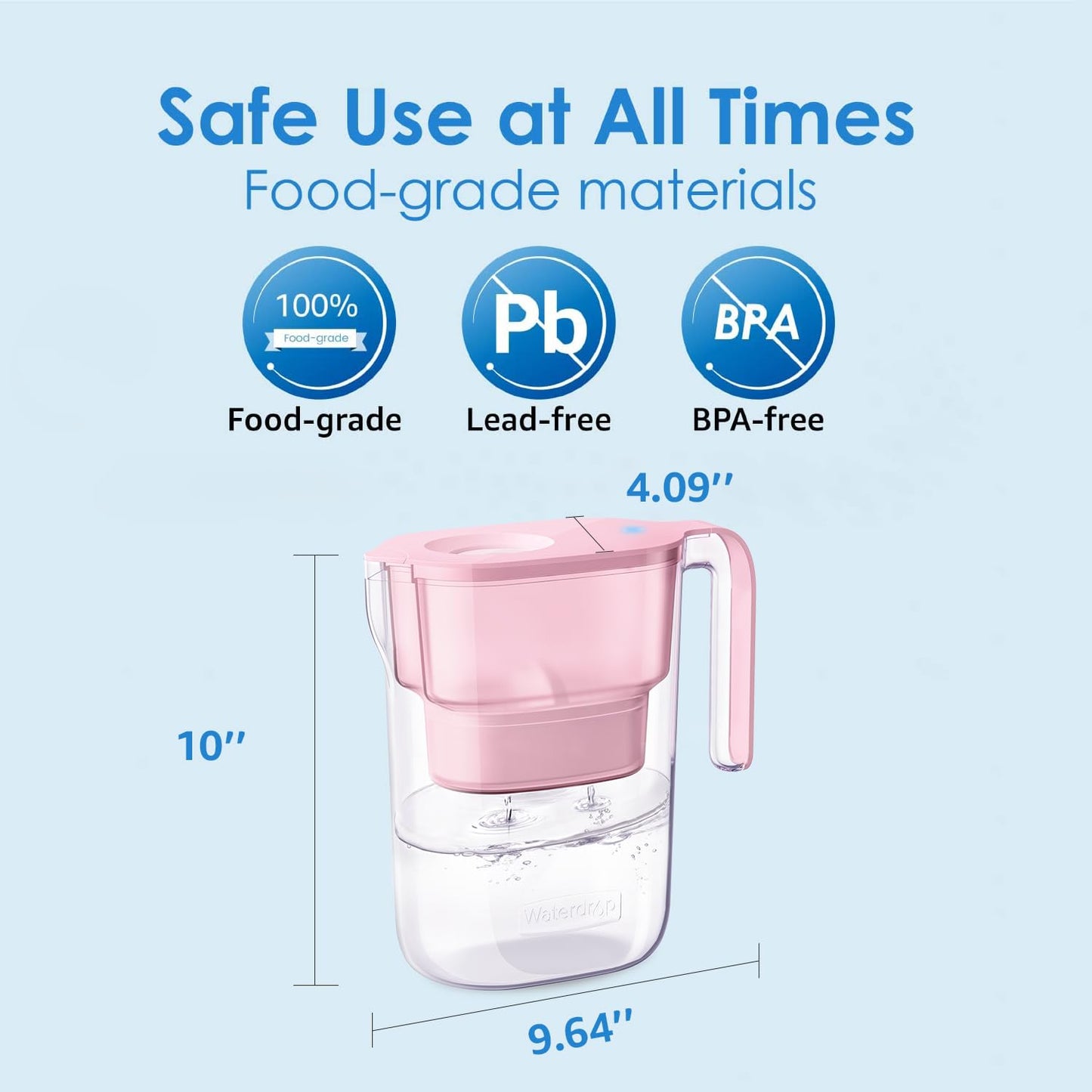 Waterdrop 200-Gallon Long-Life Elfin 7-Cup Water Filter Pitcher with 1 Filter, NSF Certified, 5X Times Lifetime, Reduces PFAS, PFOA/PFOS, Chlorine, BPA Free, Pink