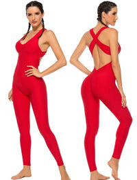 SEASUM Women Texture Bodysuit Sleevesless Sport One-Piece Backless Sexy Slimming Bodycon Rompers Jumpsuit M Fire Red