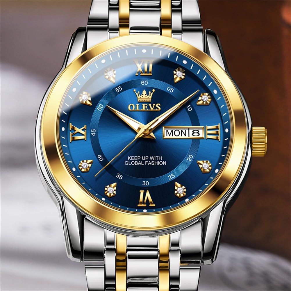 OLEVS Men's Watches Gold and Blue Mens Watches Luxury Dress Watches for Men Classic Two Tone Mens Wrist Watches Analog Quartz Watches Mens Waterproof Stainless Steel Watches Reloj para Hombre