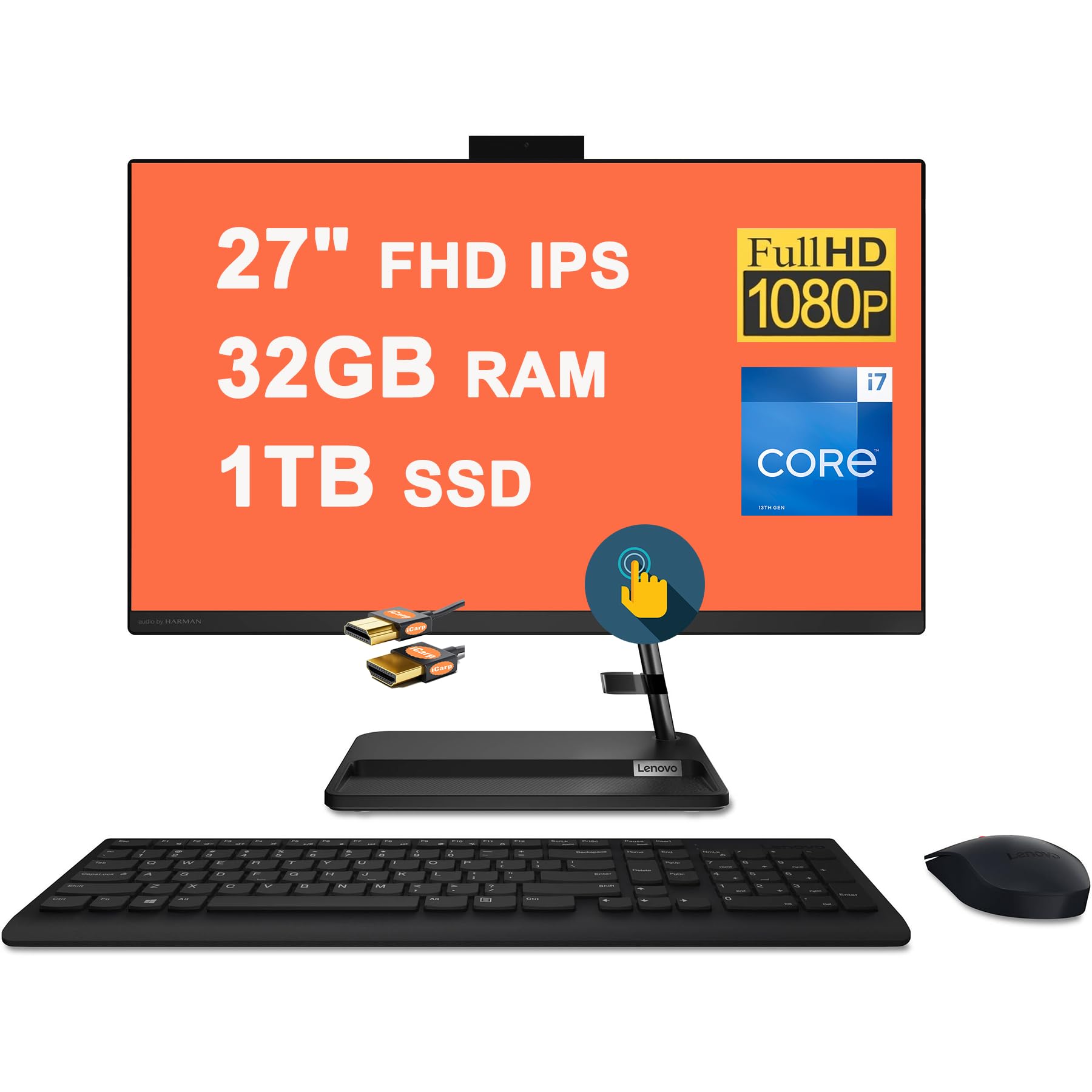 Lenovo IdeaCentre 3 AIO Desktop 27" FHD IPS Anti-Glare Touchscreen Intel 10-core i7-13620H Processor 32GB RAM 1TB SSD 5MP Camera Win11 Black + HDMI Cable