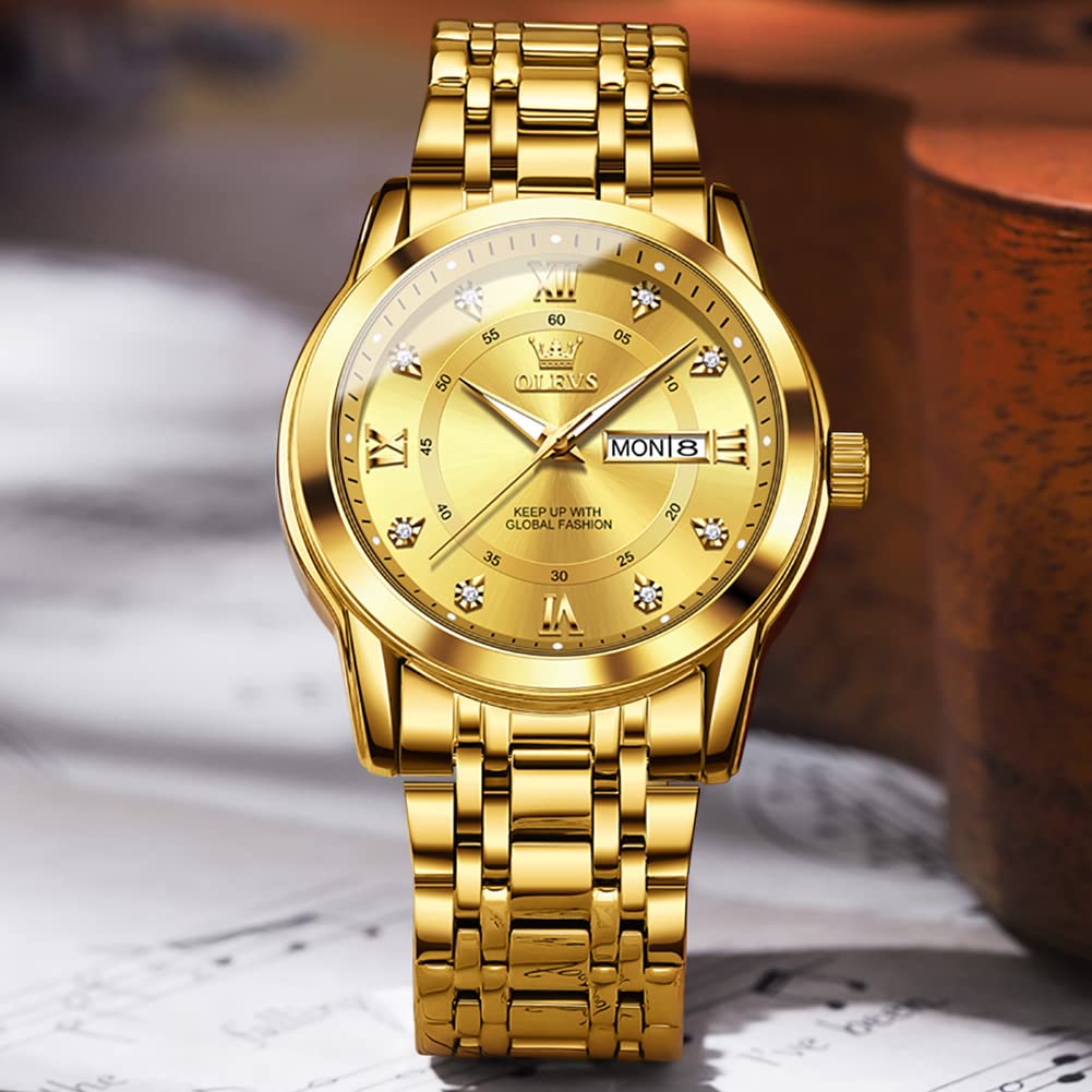 OLEVS Watch for Men Luxury Gold Mens Watch with Day and Date Waterproof Gold Stainless Steel Men's Watch Diamond Roman Numerals Dress Men's Wrist Watches Analog Quartz Watch Men,Reloj de Hombre