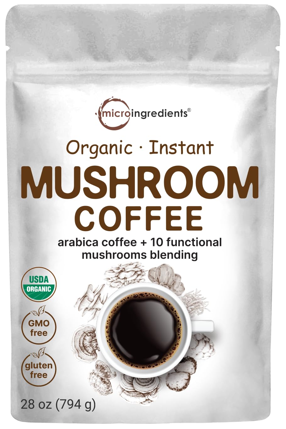 Organic Instant 10 in 1 Mushroom Coffee Powder, 28 Ounce (317 Servings)| Premium Arabica Coffee with Lion’s Mane, Chaga, Reishi,& More| Immune Support