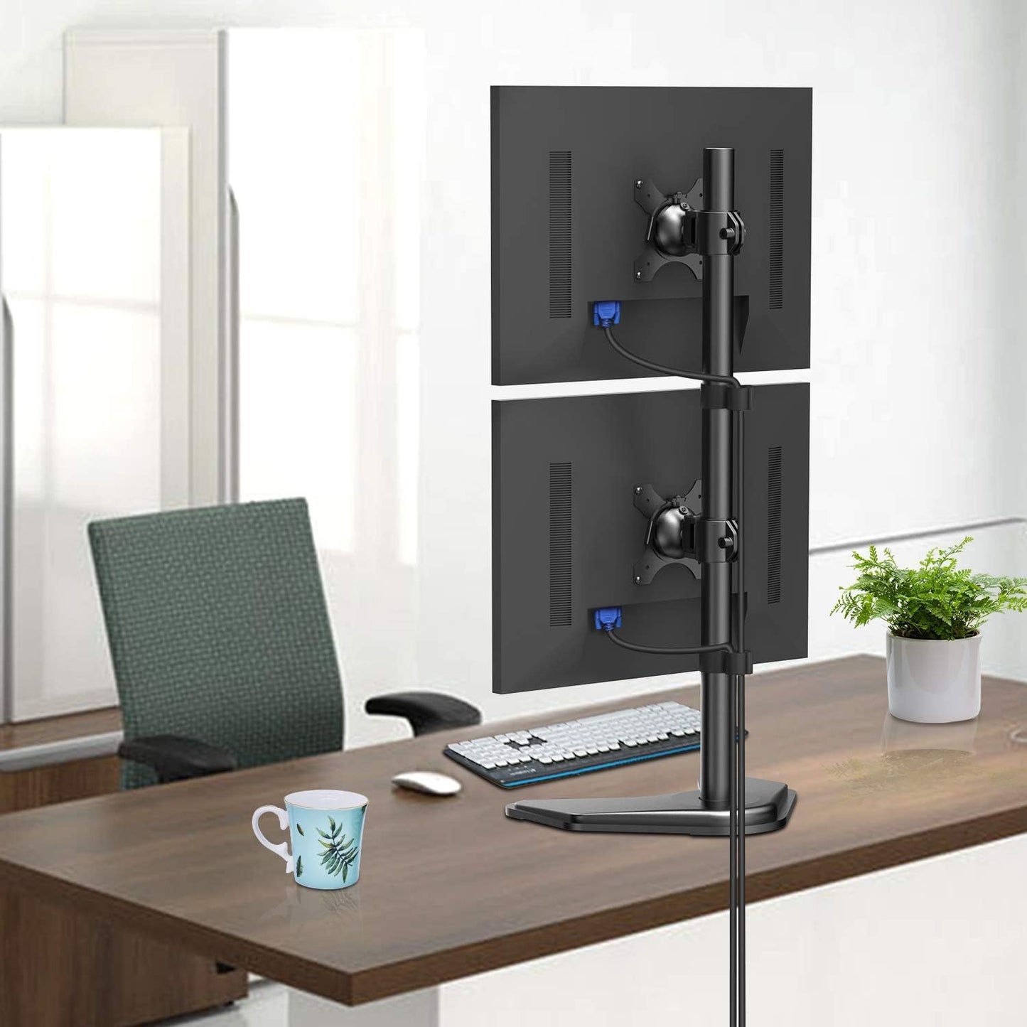 HUANUO Dual Monitor Stand,Vertical Stack Screen Free-Standing Holder LCD Desk Mount Fits Two 13 to 32 Inch Computer Monitors with C Clamp Grommet Base Stacking Displays Tilt Swivel Height Adjustable