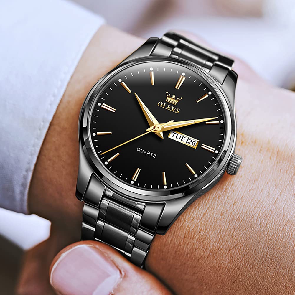 Date Day Watches for Men,Fashion Black Steel Watches for Men,Black Stainless Steel Quartz Watches Men,Man Watch,Black Dial Men's Steel Watch,Luminous Watch,Mens Dress Watch,Wrist Waterproof Watch Mens