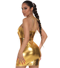 Metallic Short Corset Dress for Women Leather Bodycon Holographic Dress Sexy Halter Ruched Sparkly Holiday Mini Club Dress Yellow M