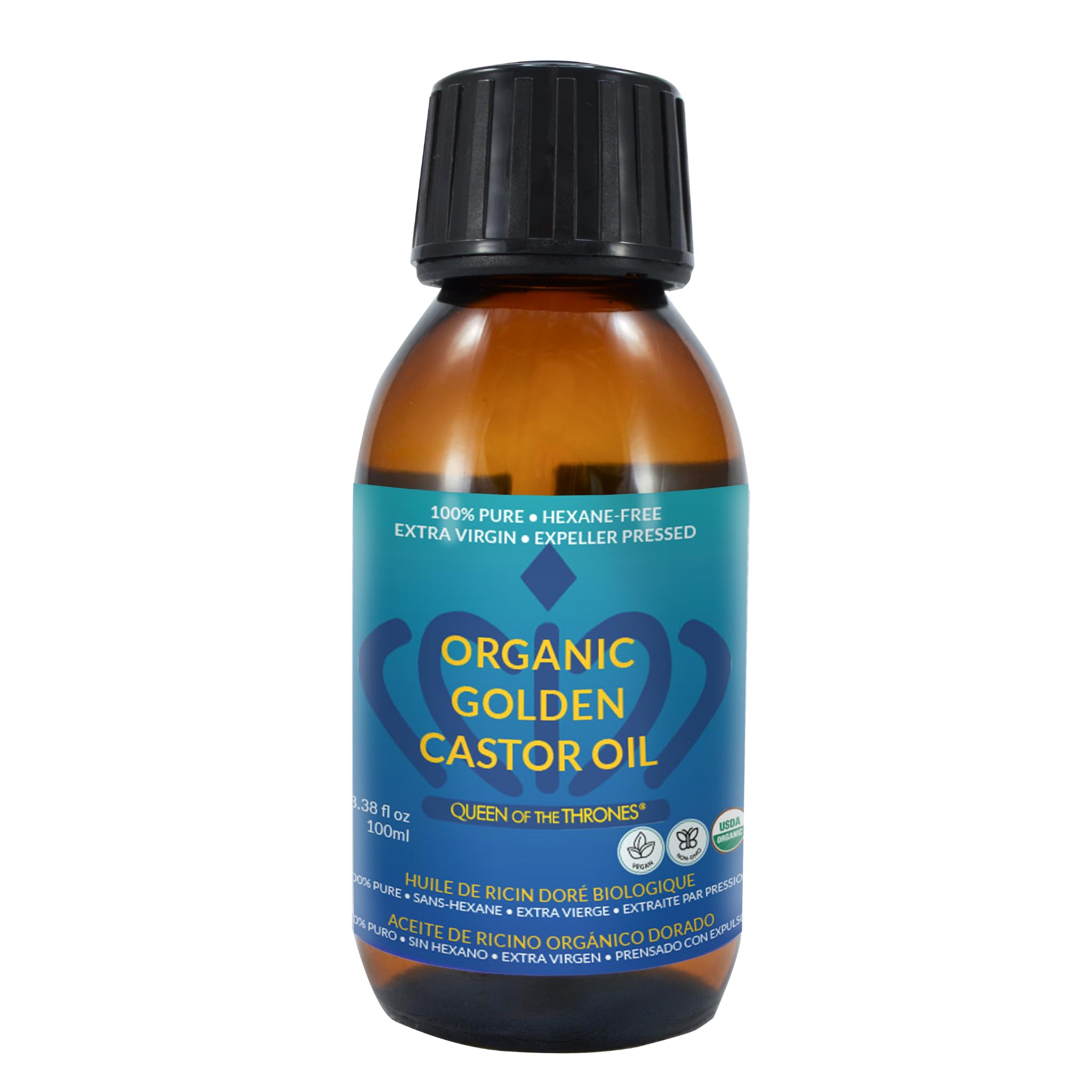 QUEEN OF THE THRONES Organic Golden Castor Oil 3.38 oz (100 ml) | 100% Pure, Certified Organic, Hexane-Free, Extra Virgin | Moisturizing & Conditioning Oil for Skin, Hair & Nails