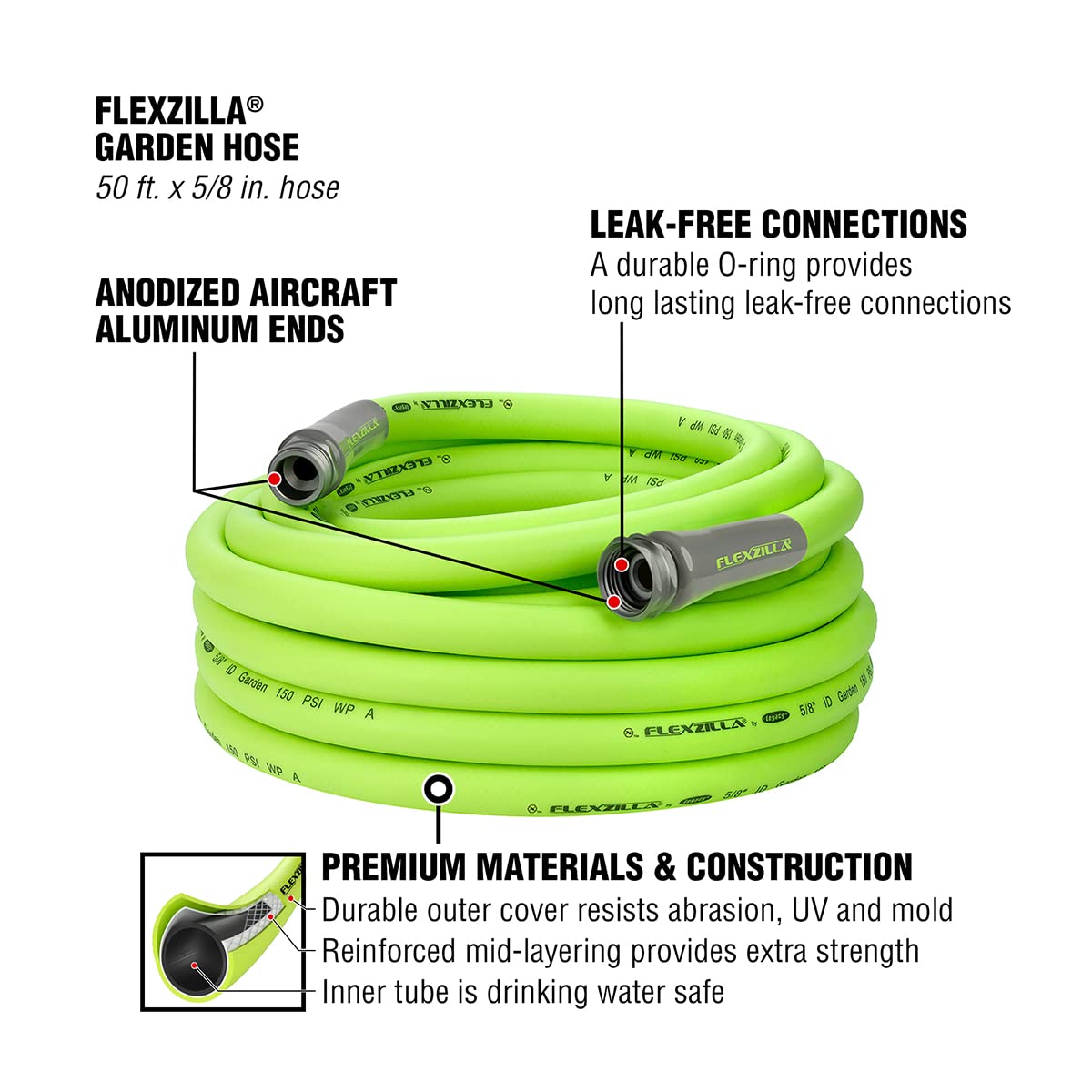 Flexzilla Garden Hose 5/8 in. x 50 ft, Heavy Duty, Lightweight, Drinking Water Safe, ZillaGreen - HFZG550YW-E