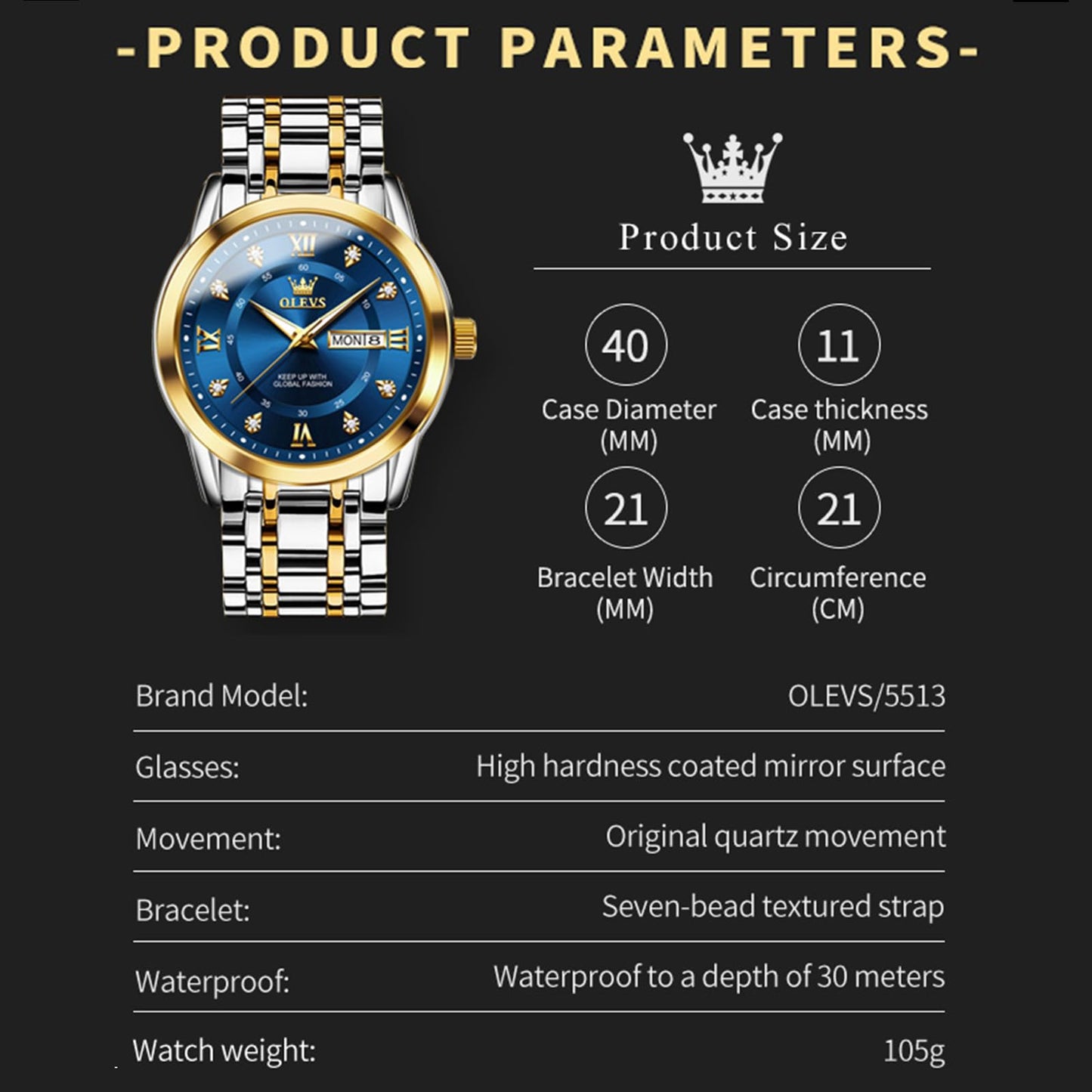 OLEVS Men's Watches Gold and Blue Mens Watches Luxury Dress Watches for Men Classic Two Tone Mens Wrist Watches Analog Quartz Watches Mens Waterproof Stainless Steel Watches Reloj para Hombre