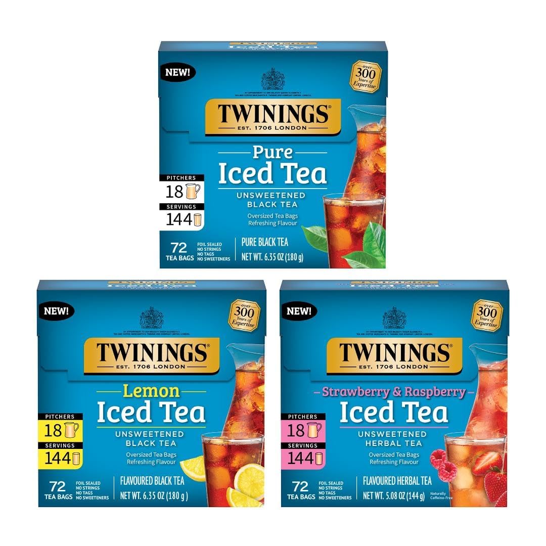 Twinings Iced Tea 3 Pack Variety Bundle (Black, Lemon Black, and Strawberry & Raspberry) 72 Count (Pack of 3), Makes 36 Pitchers or 432 Servings, Unsweetened, Caffeinated