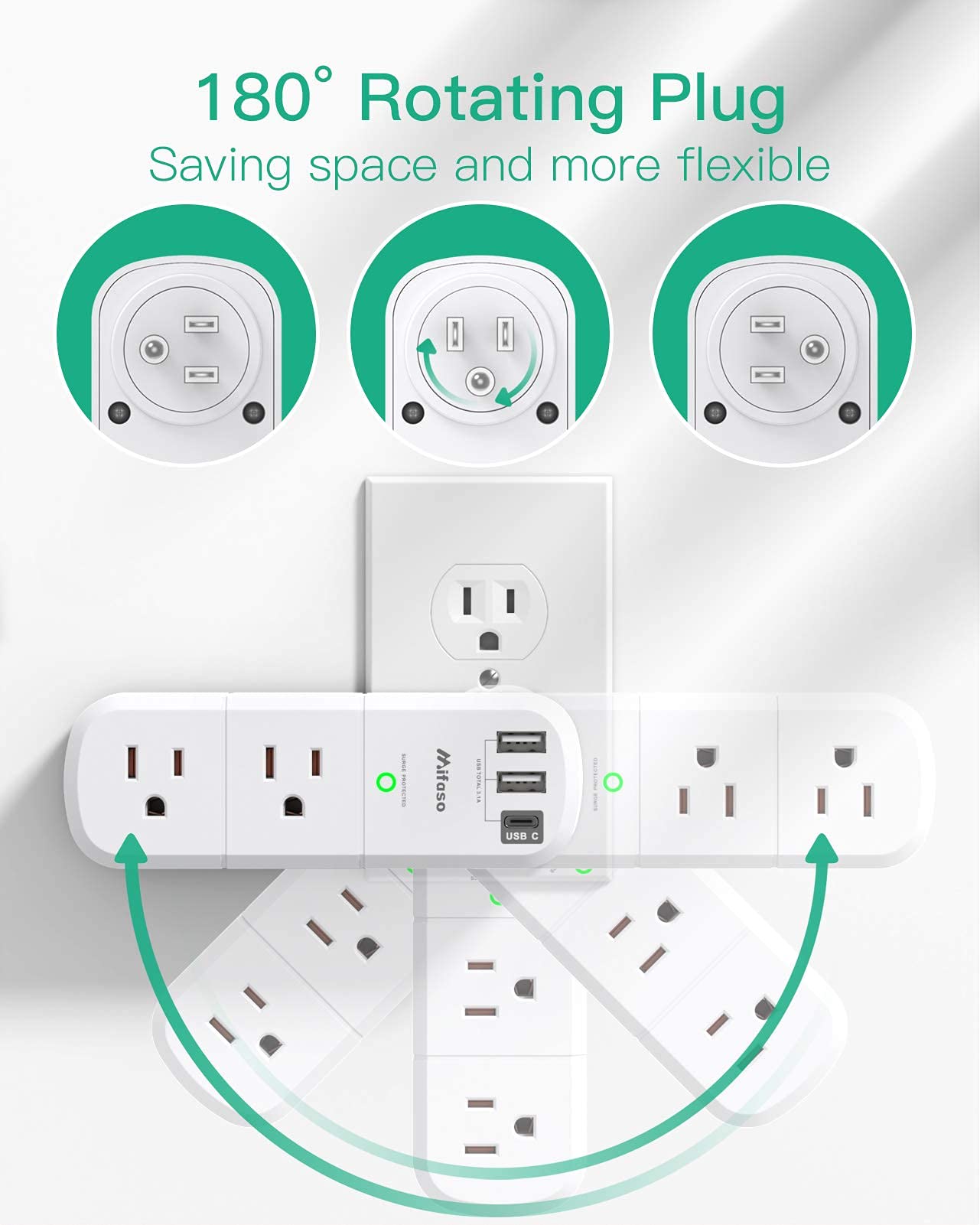 USB Outlet Extender Surge Protector - with Rotating Plug, 6 AC Multi Plug and 3 USB Ports (1 C), 1800 Joules, 3-Sided Swivel Power Strip Spaced Splitter for Home, Office, Travel