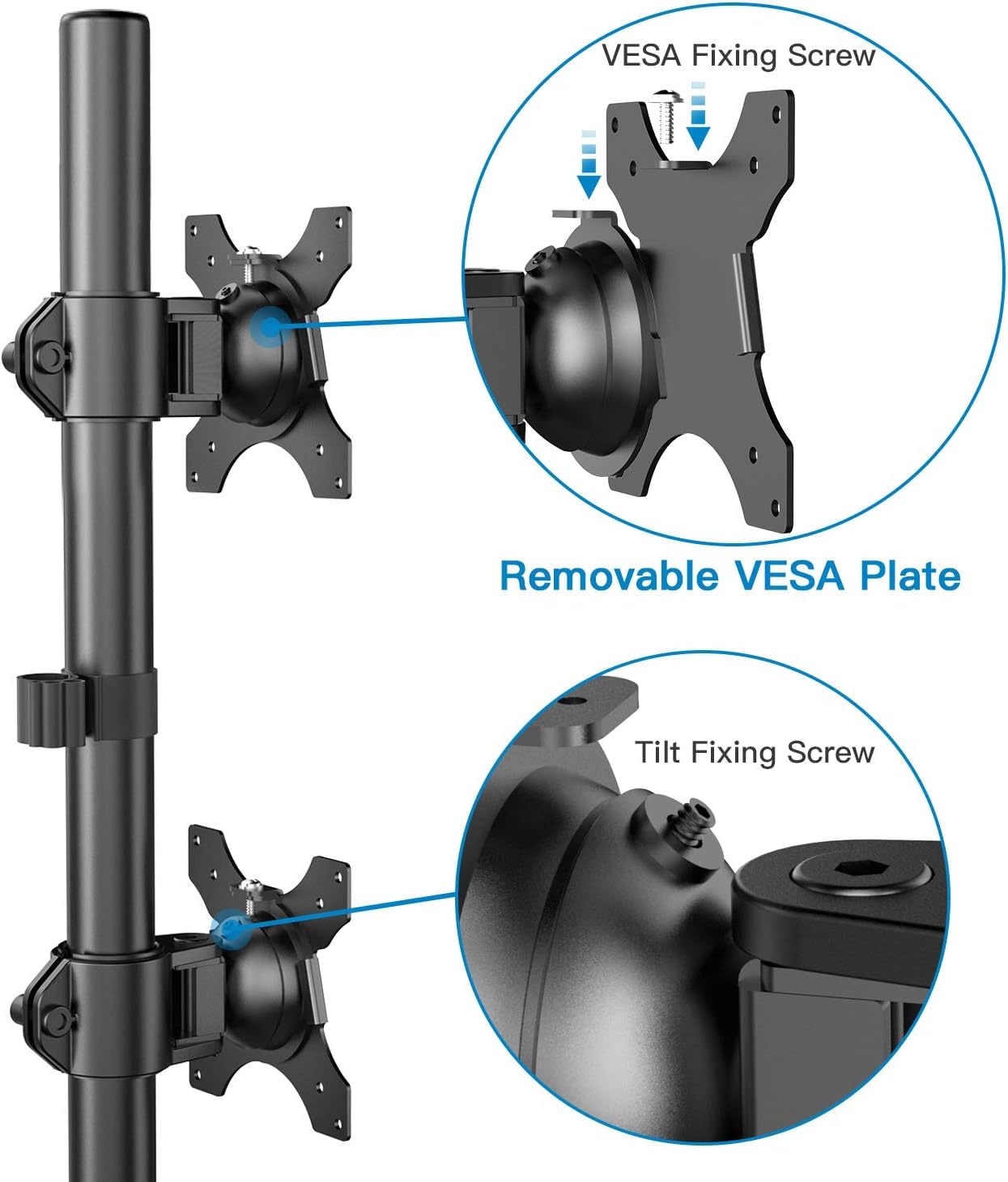 HUANUO Dual Monitor Stand,Vertical Stack Screen Free-Standing Holder LCD Desk Mount Fits Two 13 to 32 Inch Computer Monitors with C Clamp Grommet Base Stacking Displays Tilt Swivel Height Adjustable