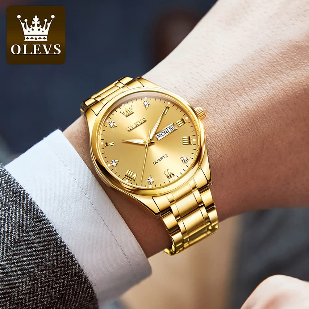 OLEVS Gold Watches for Men,Fashion Men Wrist Watches with Day Date,Diamond Watches Men,Gold Stainless Steel Analog Man Watch Waterproof,reloj de Hombre,Large Face Mens Dress Watch Luminous, Watch Men