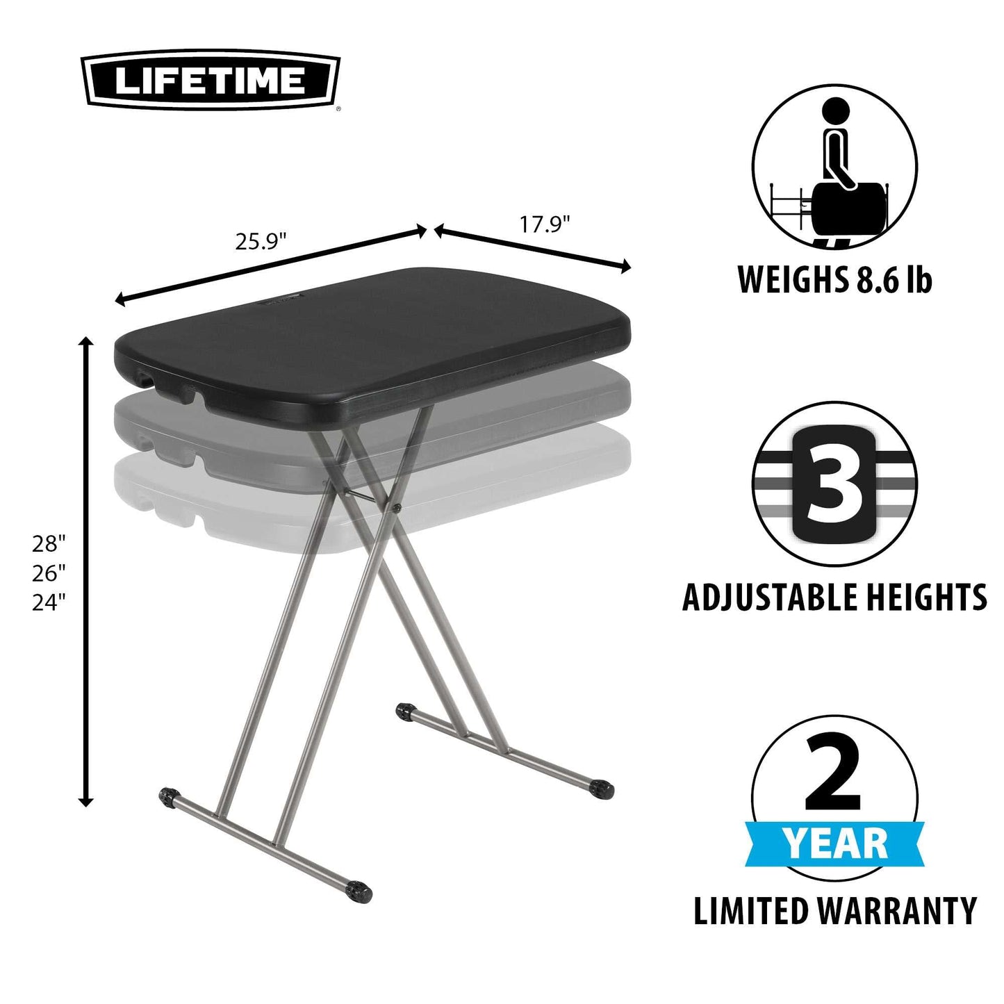 Lifetime Adjustable Folding Laptop Table TV Tray, 26 Inch, Black