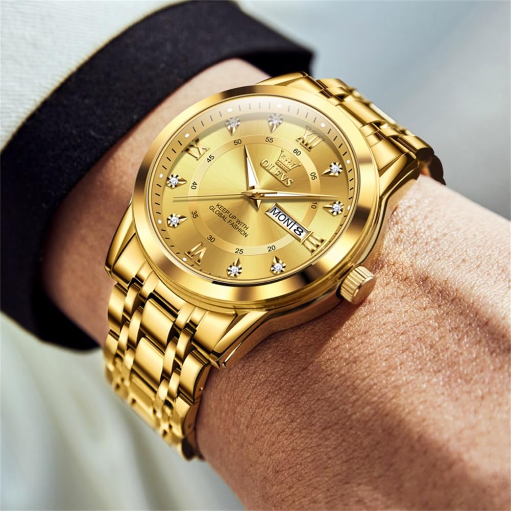 OLEVS Watch for Men Luxury Gold Mens Watch with Day and Date Waterproof Gold Stainless Steel Men's Watch Diamond Roman Numerals Dress Men's Wrist Watches Analog Quartz Watch Men,Reloj de Hombre