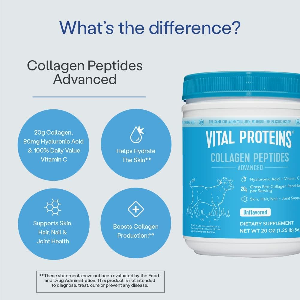 Vital Proteins Collagen Peptides Powder with Hyaluronic Acid and Vitamin C, Unflavored, 24 oz