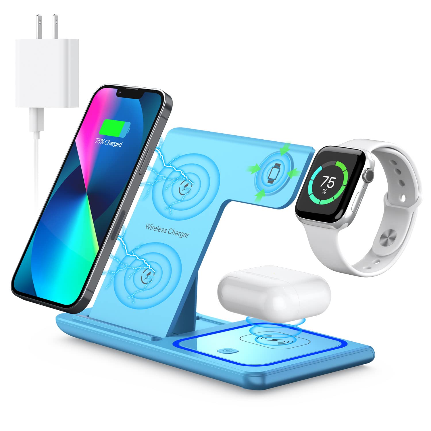 Wireless Charging Station, 3 in 1 Wireless Charger Stand, Fast Wireless Charging Dock for iPhone15 14 13 12 11 Pro/X/Max/XS/XR/8/Plus, for Apple Watch8/7/6/5/4/3/2/SE, for Airpods 3/2/Pro(Blue)