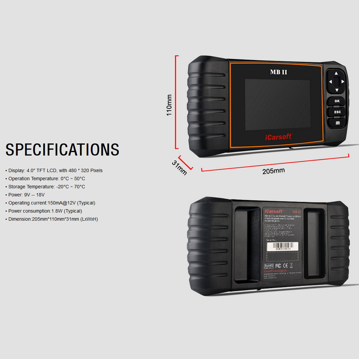 iCarsoft MBII for Mercedes Benz/Sprinter/Smart Professional Diagnostic Tool Scanner, New Version