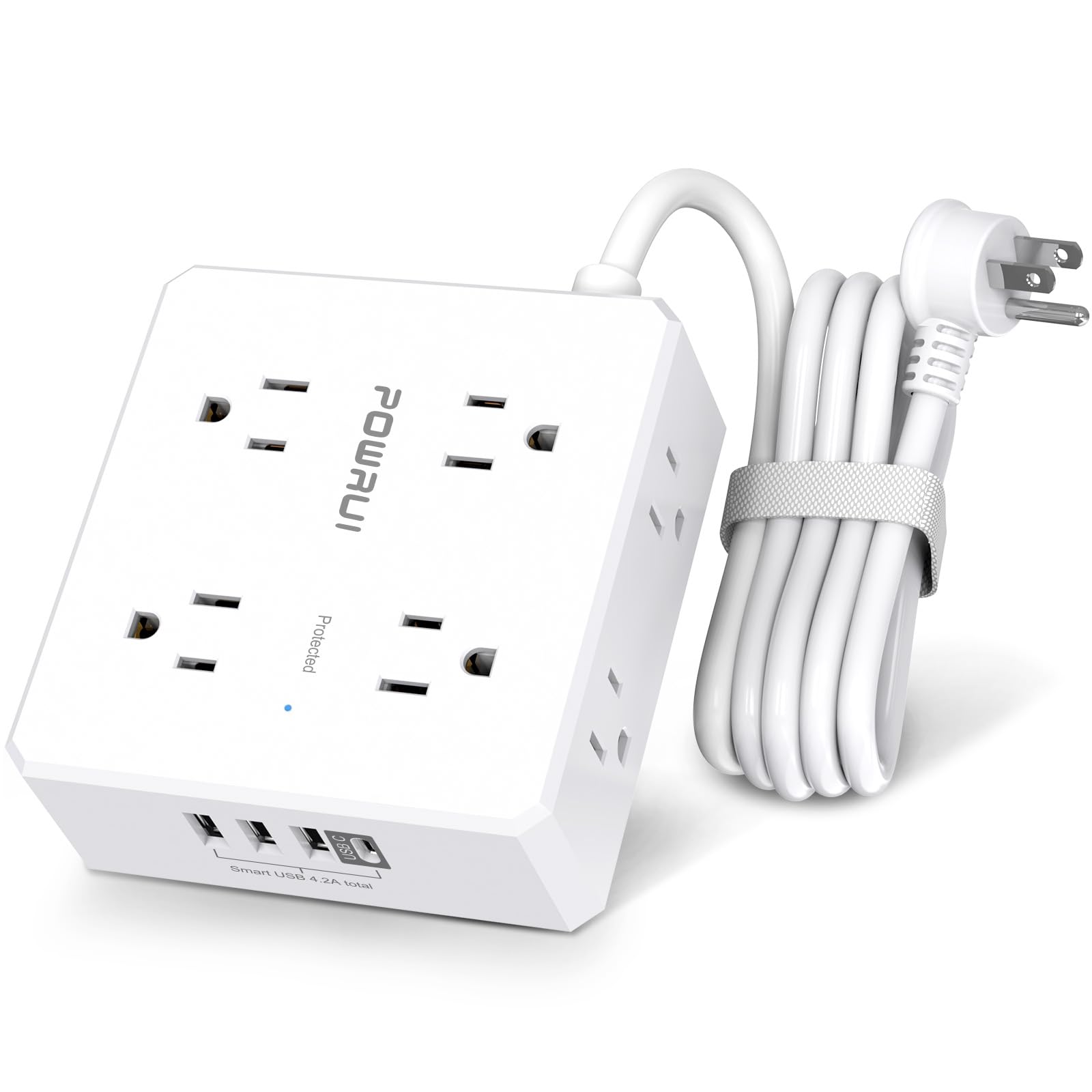 Surge Protector Power Strip - 6 Ft Flat Plug Extension Cord with 8 Widely Outlets and 4 USB Ports(1 USB C), 3 Side Outlet Extender for Home Office, White, ETL Listed