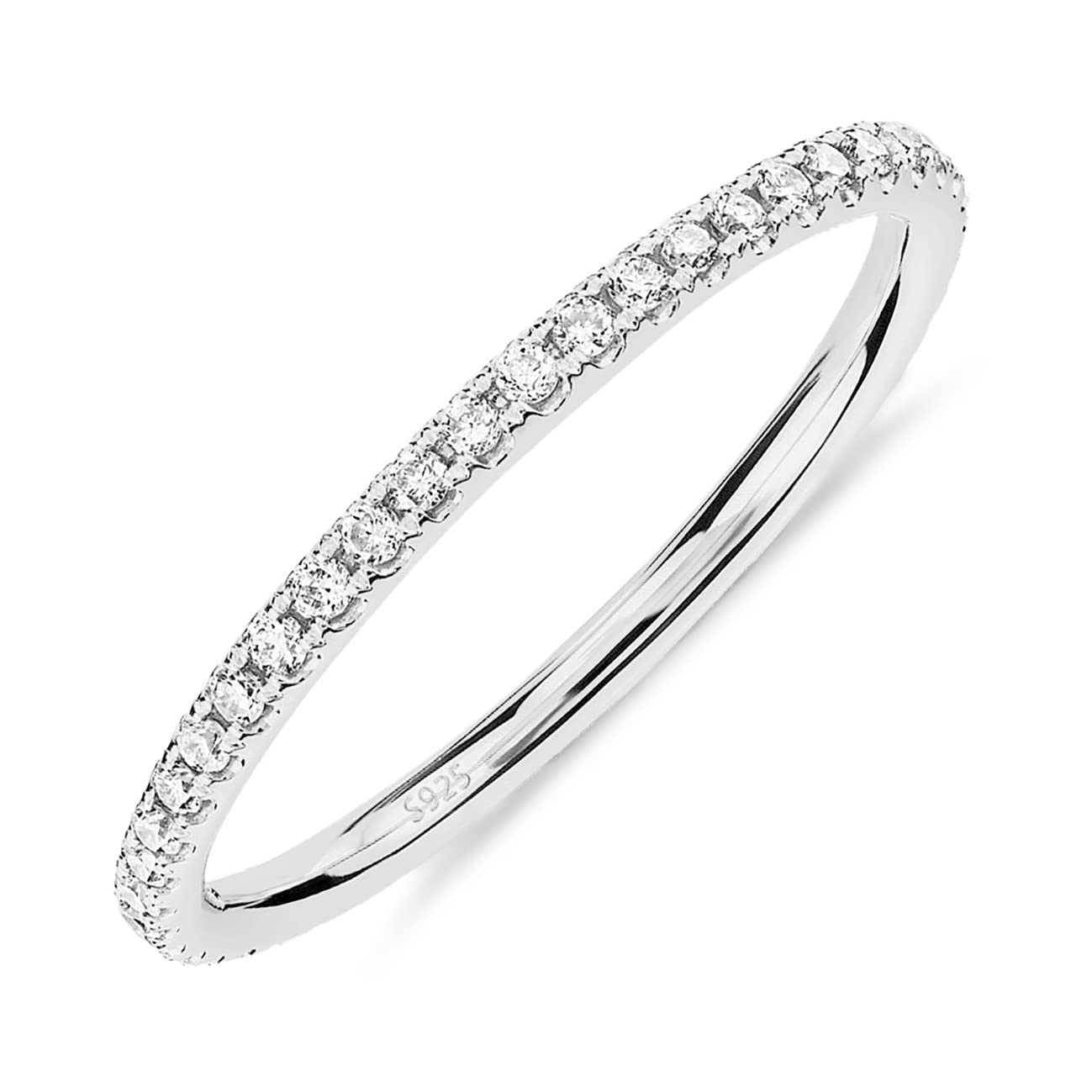 PAVOI Rhodium Plated 925 Sterling Silver Stackable CZ Ring for Women | Thin Band for Stacking | Simulated Diamond Eternity Wedding Band | Size 7