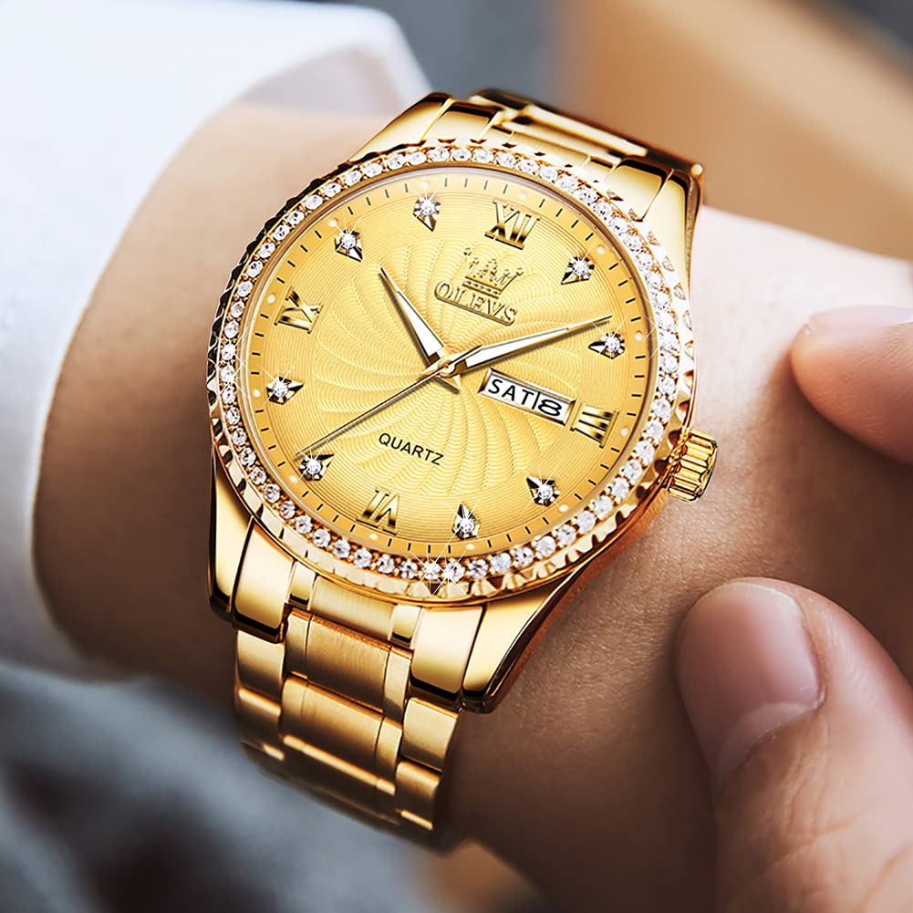 OLEVS Gold Mens Watch with Day Date Luxury Stainless Steel Men Watches Big Face Watches for Men Diamond Waterproof Dress Quartz Analog Round Men's Wrist Watches Gifts for Him Reloj De Hombre Luminous