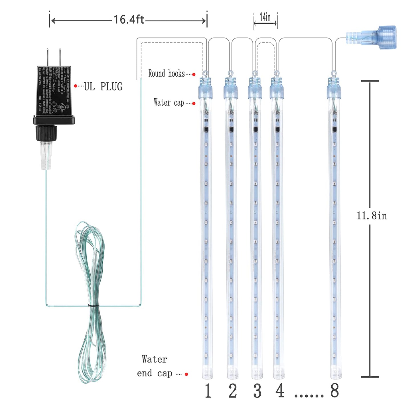 Kwaiffeo Outdoor Christmas Lights, Meteor Shower Lights 12 inch 8 Tube 192 LED Icicle Christmas Lights for Tree Thanksgiving New Year Holiday Party, Wedding Lights Wedding Decorations, Warm White