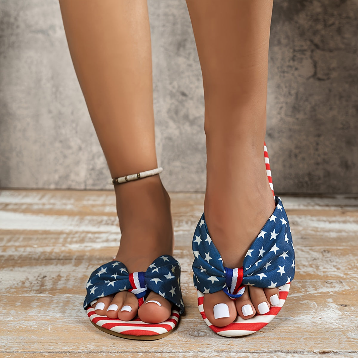 Four Season Strappy Back Canvas Slide Sandals - Comfortable Flat Heel Open Toe Shoes with Flag Pattern, Slip-on Closure, and Durable Rubber Sole for Daily Independence Day Wear