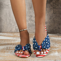 Four Season Strappy Back Canvas Slide Sandals - Comfortable Flat Heel Open Toe Shoes with Flag Pattern, Slip-on Closure, and Durable Rubber Sole for Daily Independence Day Wear