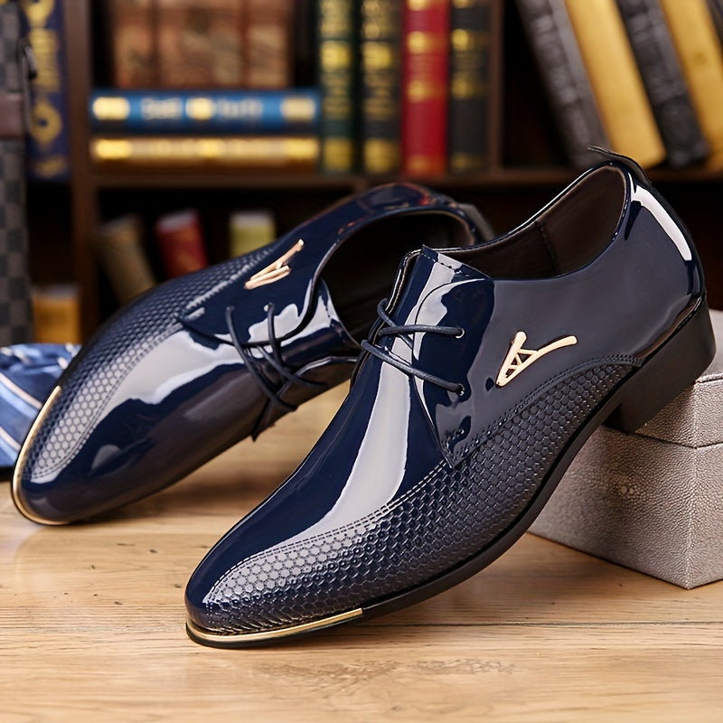 Plus Size Men's Faux Patent Leather Upper Derby Shoes, Comfy Non Slip Rubber Sole Durable Dress Shoes, Men's Footwear