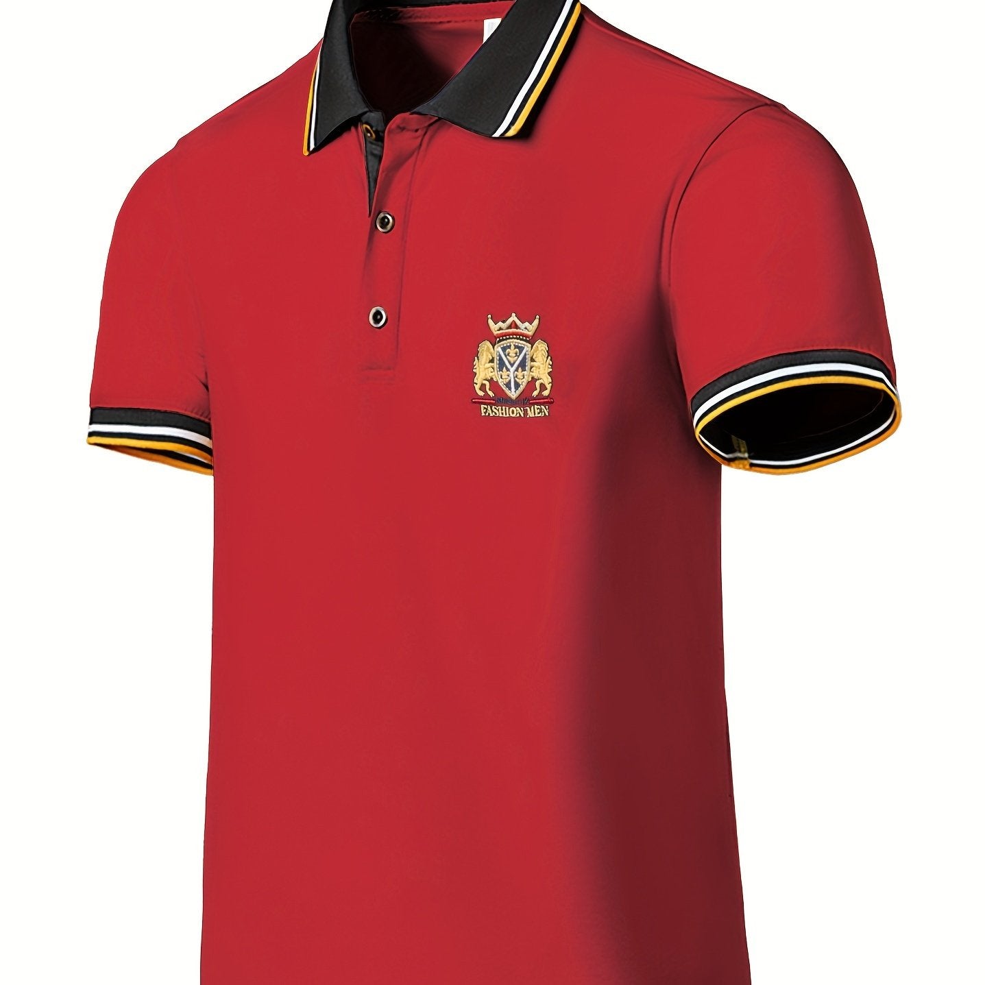 Men's Casual Shirt - Vibrant Red with Golden Embroidered Crest, Short Sleeve Summer Shirt, Regular Fit, Black & Yellow Trim Collar, Breathable Fabric for Casual & Semi-Formal Wear, Contrast Stripe Detailing