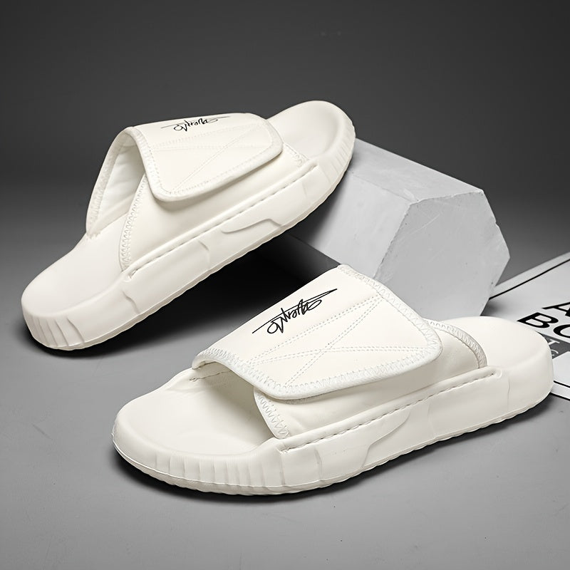 Men's Solid Color Open Toe Breathable Adjustable Hook & Loop Fastener Slippers, Comfy Non Slip Durable EVA Sole Slides, Men's Footwear