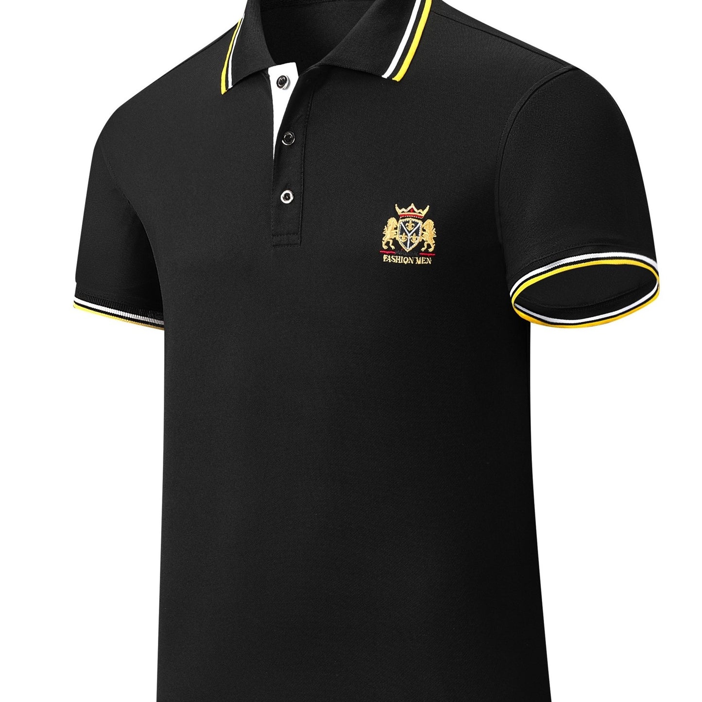 Men's Casual Shirt - Vibrant Red with Golden Embroidered Crest, Short Sleeve Summer Shirt, Regular Fit, Black & Yellow Trim Collar, Breathable Fabric for Casual & Semi-Formal Wear, Contrast Stripe Detailing