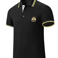 Men's Casual Shirt - Vibrant Red with Golden Embroidered Crest, Short Sleeve Summer Shirt, Regular Fit, Black & Yellow Trim Collar, Breathable Fabric for Casual & Semi-Formal Wear, Contrast Stripe Detailing
