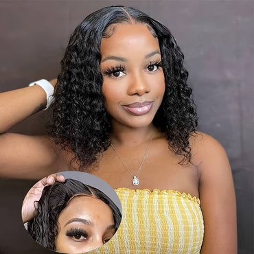 Glamorous Deep Wave Brazilian Human Hair Wig for Women - Glueless 4x4 Transparent Lace Frontal, Pre-Plucked, Free Part, 150% Density, Natural Black