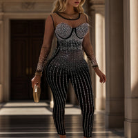 [Elegant Jumpsuit] Elegant Rhinestone-Embellished Women's Long Sleeve Mesh Jumpsuit | High Elasticity Form-Fitting Semi-Sheer Evening Gown for Galas, Weddings & Year-Round Wear, Party Dresses, Galaxy Event Attire, Sleek Silho