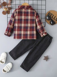 Boy's Casual Plaid Button-Up Shirt & Ripped Imitation Denim Pants Set - Cozy Polyester, Non-Transparent, Perfect for Fall/Winter, Perfect for Outdoor