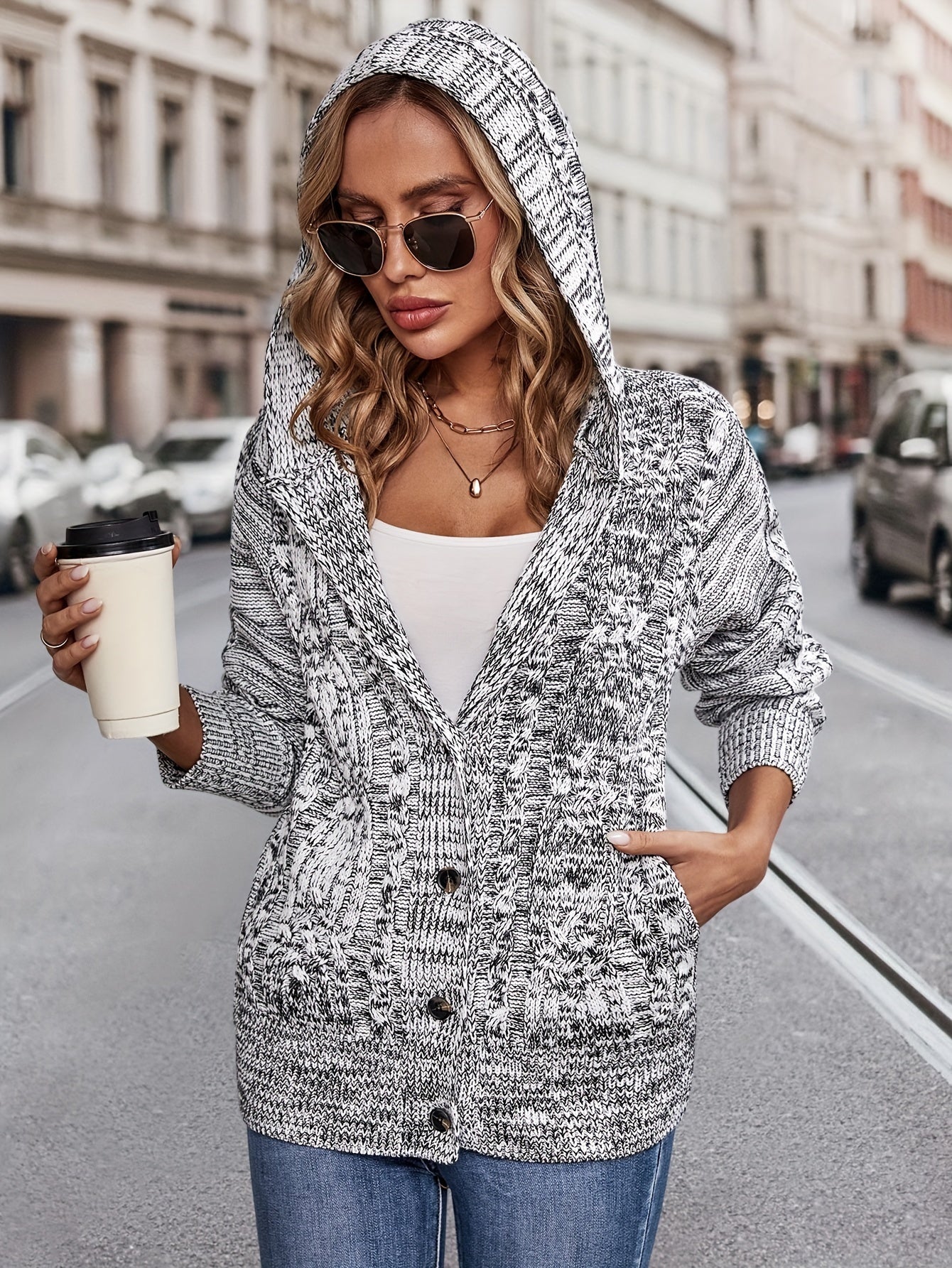 Women's Cable Knit Hooded Cardigan with Buttons and Pockets - Cozy Long Sleeve Sweater Coat for Casual Wear