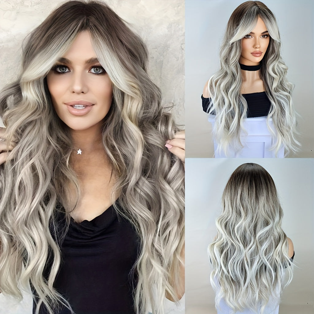 Long Ombre Brown Blonde Wavy Wigs With Curtain Bangs For Women Synthetic Curly Wig Heat Resistant Fiber Wigs For Daily Cosplay