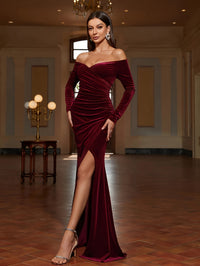 Stunning Off-Shoulder Ruched Bodycon Dress - Elegant Long Sleeve Party Dresses for Women - Split Thigh, Flattering Fit, and Chic Design for Banquet and Special Occasions