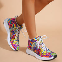 Hand-Painted Cartoon Print Women's Reflective Lace-Up High-Top Sneakers - Lightweight Winter-Ready Casual Shoes with Soft Fabric Upper & EVA/Rubber Sole for North American & Mexican Fashion