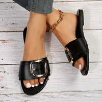 Women's Square Buckle Design Slide Sandals, Casual Slip On Flat Summer Shoes, Lightweight Beach Shoes