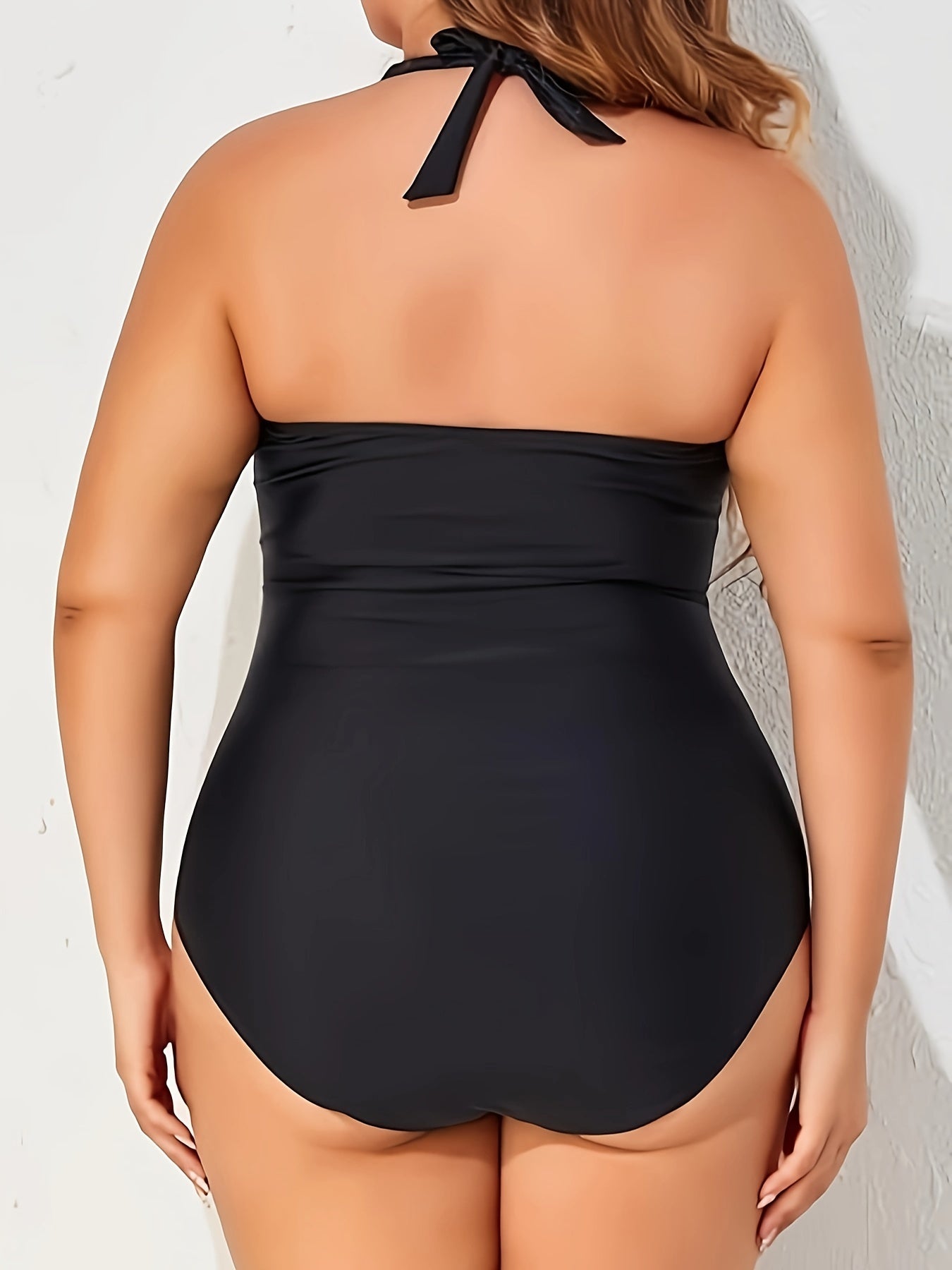 Plus Size Women's Retro One-Shoulder Ruched Tummy Control Swimsuit - High Elasticity Adjustable Side Ties, Solid Black Elegant Bathing Suit for Beach & Pool, Comfortable Swimwear | Smooth Texture Fabric, High Waisted Swimsuit