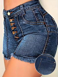 High-Waisted Single-breasted Buttoned Raw Hem Denim Shorts - Young women, fashion-conscious individuals, casual wear enthusiasts, summer shoppers - Navy Blue, Denim, Casual, Button, High Stretch - Suitable for Summer, Casual,