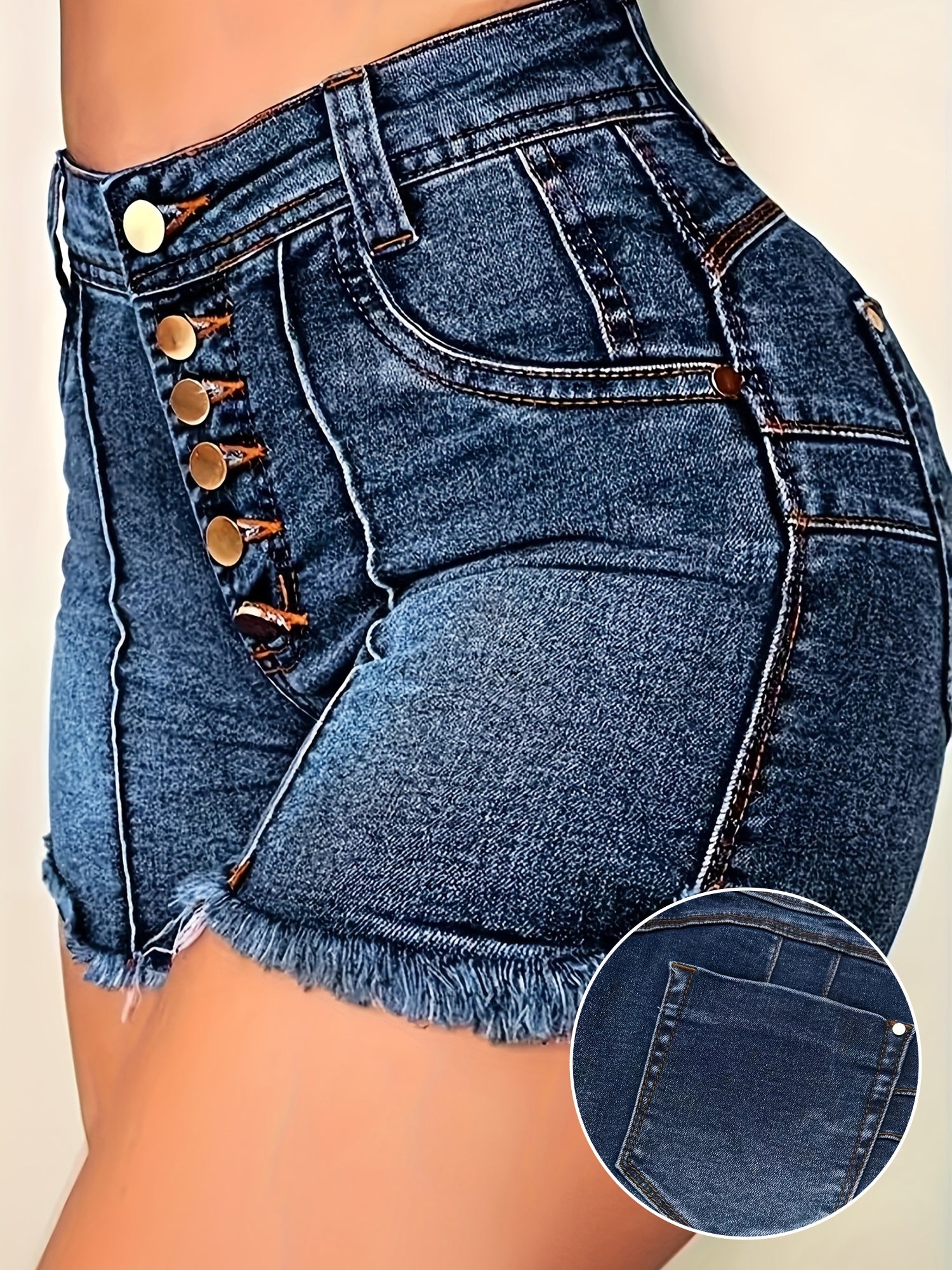 High-Waisted Single-breasted Buttoned Raw Hem Denim Shorts - Young women, fashion-conscious individuals, casual wear enthusiasts, summer shoppers - Navy Blue, Denim, Casual, Button, High Stretch - Suitable for Summer, Casual,