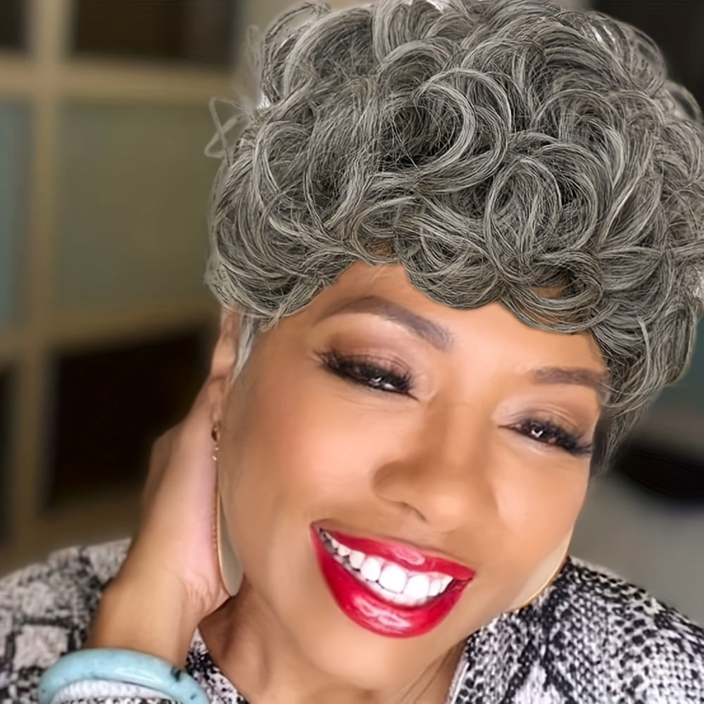 Flattering Pixie Cut Wig - Chic Bangs & Luxurious Curly Texture - Daring Black-Silver Blend Short Synthetic Wig with Dramatic Deep Wave - Effortlessly Layered Style for Women