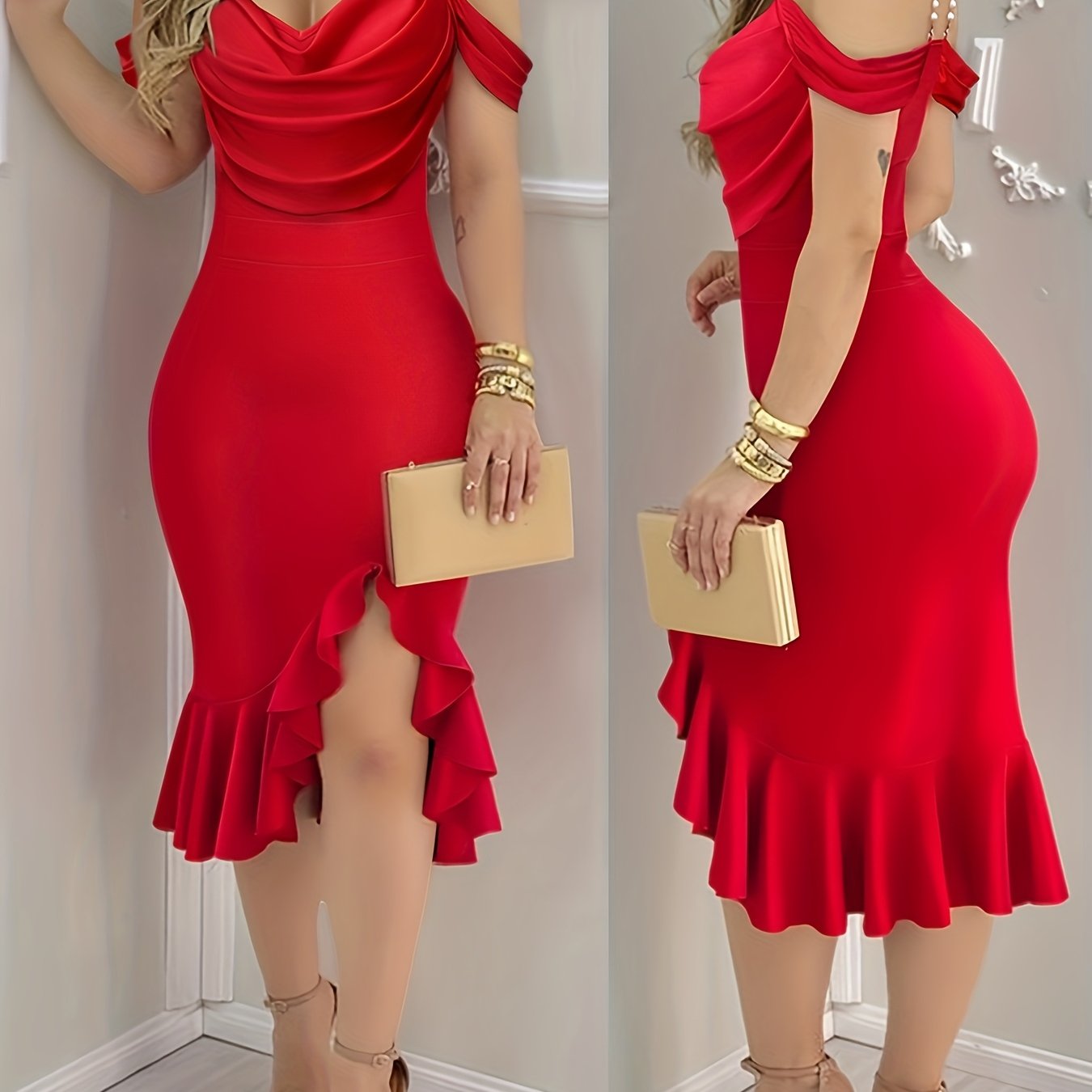 Shoulder Pearls Strap Bodycon Dress Cowl Neck Ruffle Hem Party Dresses