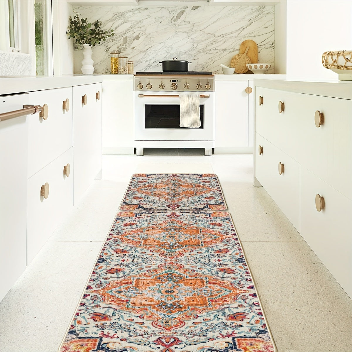 2pcs/set Sm:)e Flowers Bohemia Kitchen Mats, Daily Boho Home Decor Low-Profile Kitchen Rugs For Floor - 17x29 Inches And 17x47 Inches