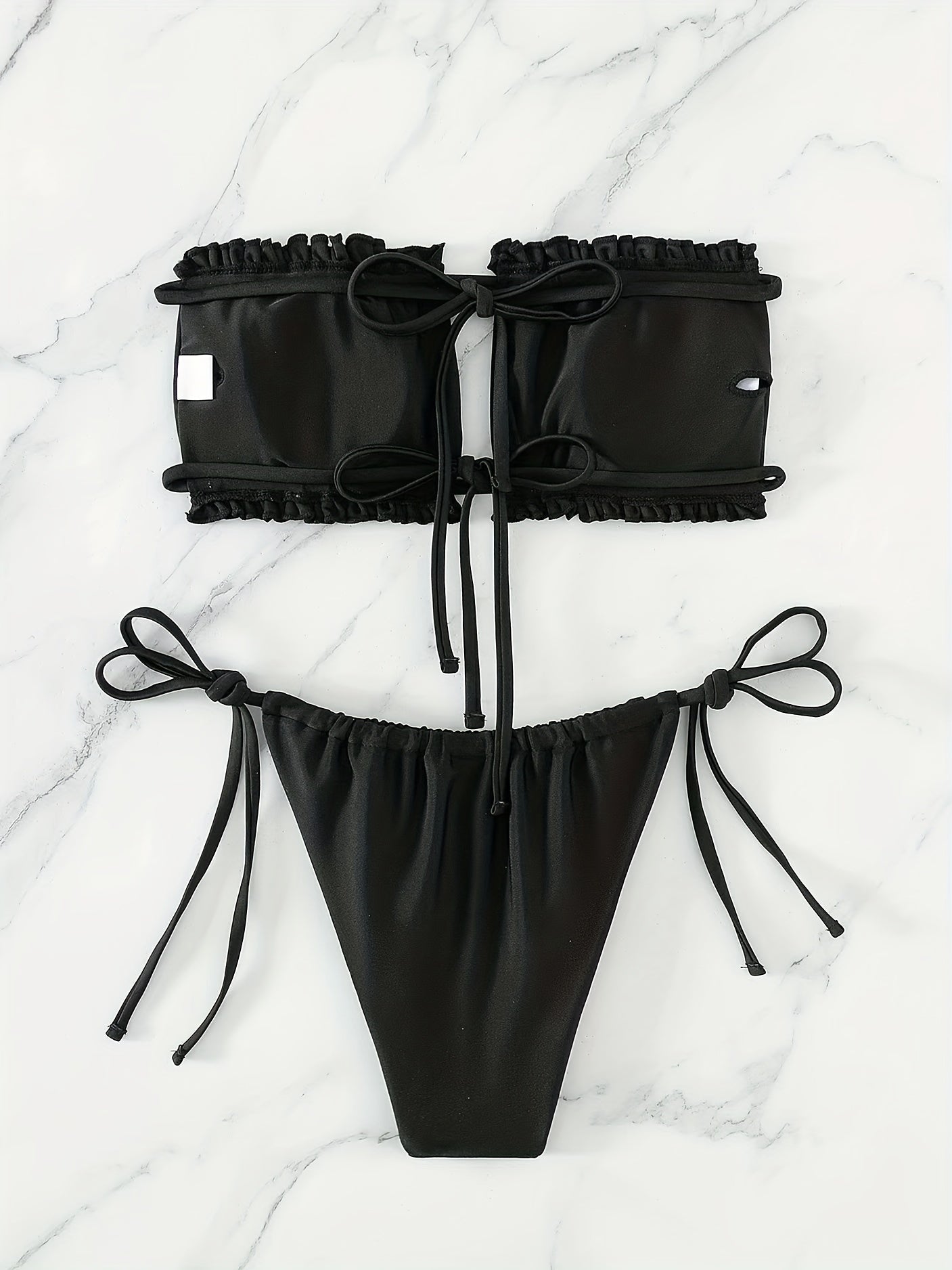 [Ruched Bra Top Bikini] Two Piece Ruched Bra Top Bikini Swimsuit - Double Drawstring Bandeau Tie Side High Cut - Women's Swimwear